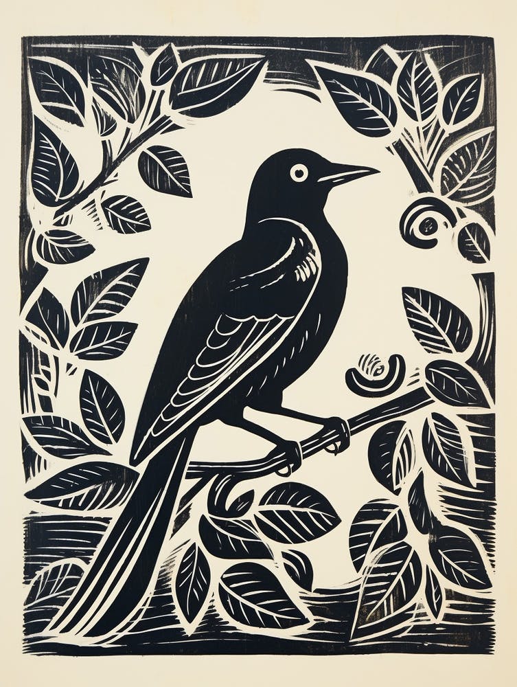 B&W Bird Linocut Magpie 1