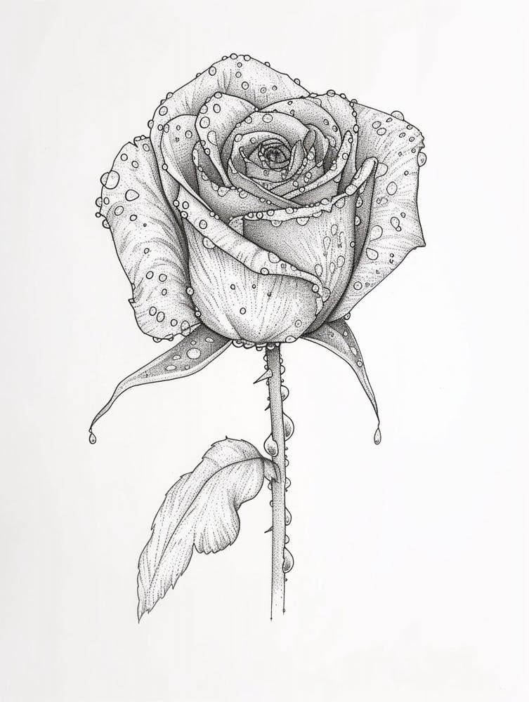 English Rose Dew Line Drawing 1