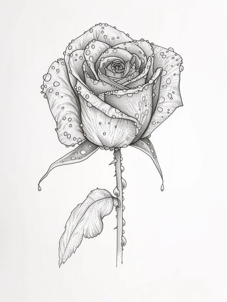English Rose Dew Line Drawing 1