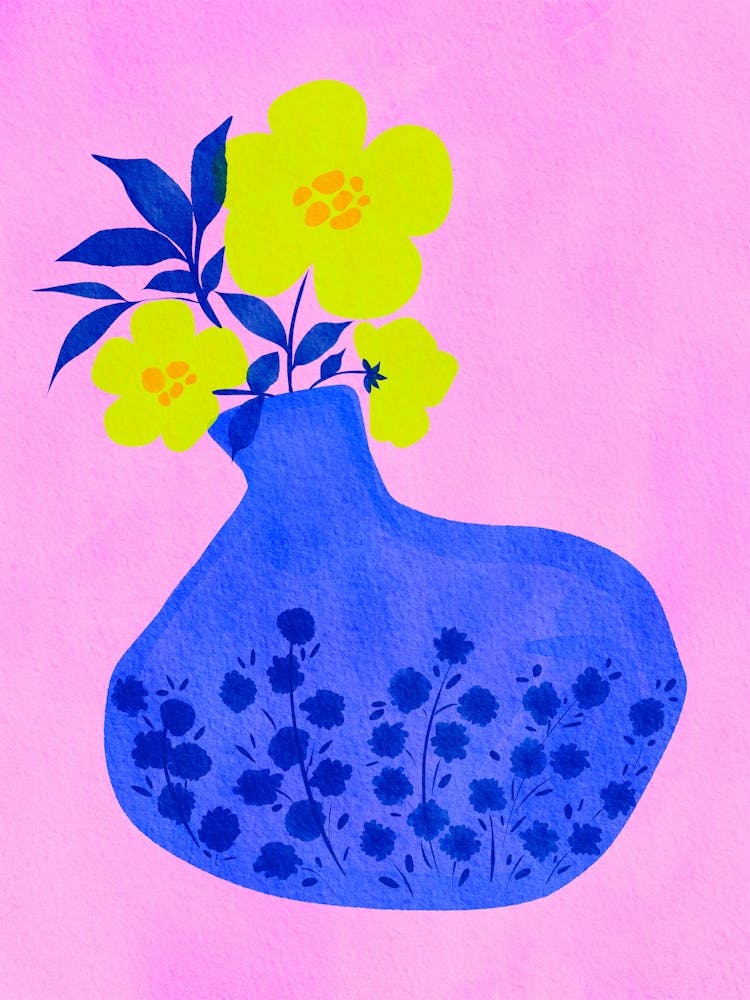 Blue Vase With Yellow Flowers