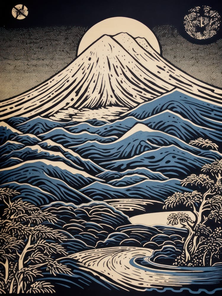 Mount Fuji Japan Linocut Illustration Style 1