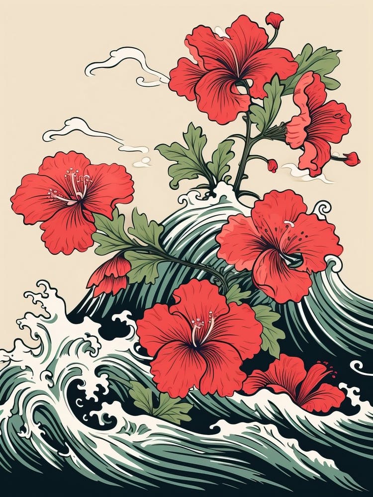Great Wave With Geranium Flower Drawing In The Style Of Ukiyo E 4