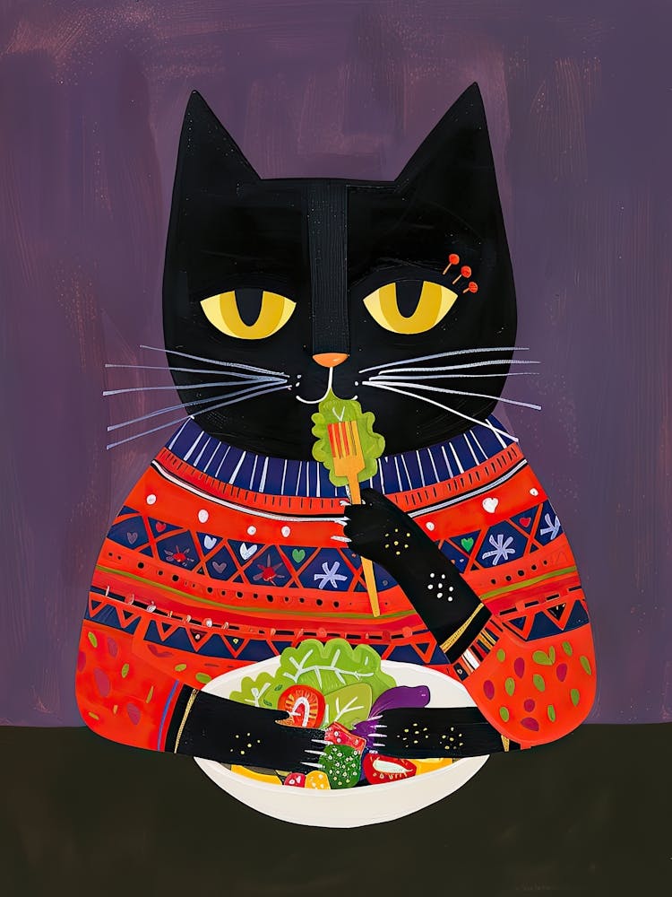Black Cat Eating Salad Folk Illustration 3