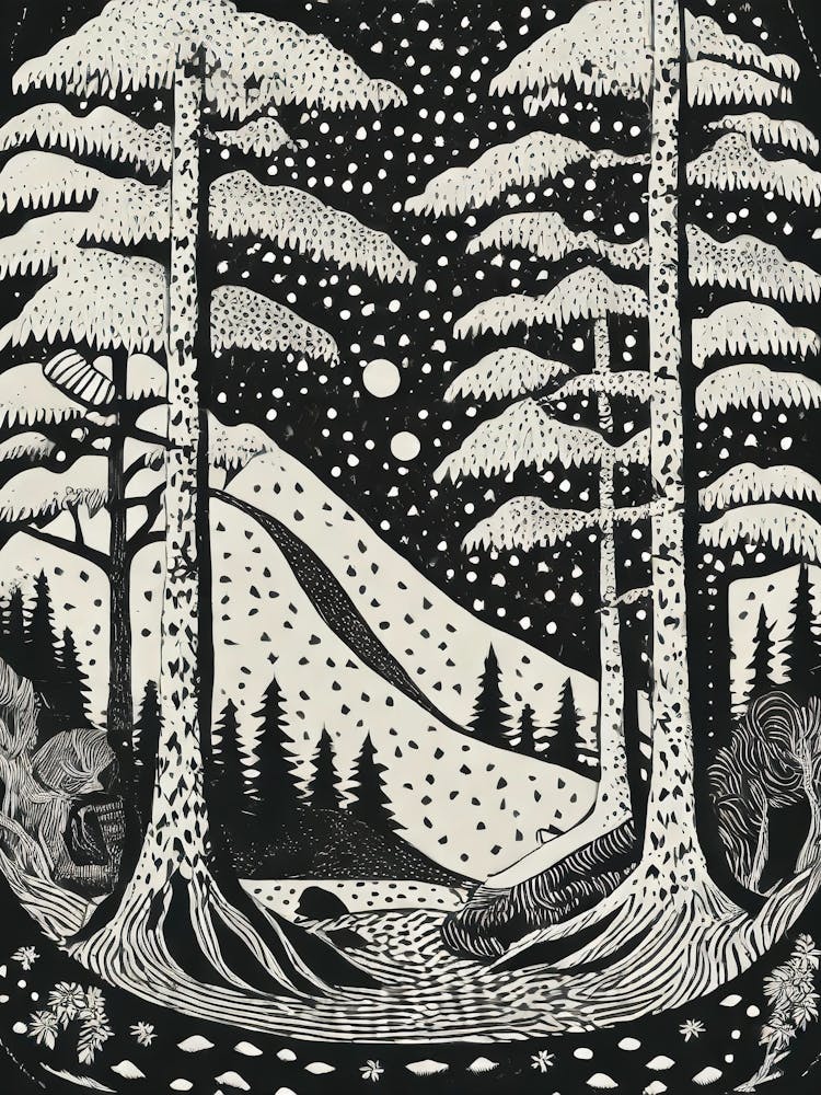 An Ancient Pine Forest Alive With Spirited Folklore Creatures Ukiyo-E Style