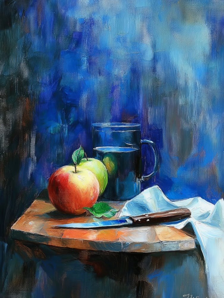 Blue Still Life With A Knife And An Apple