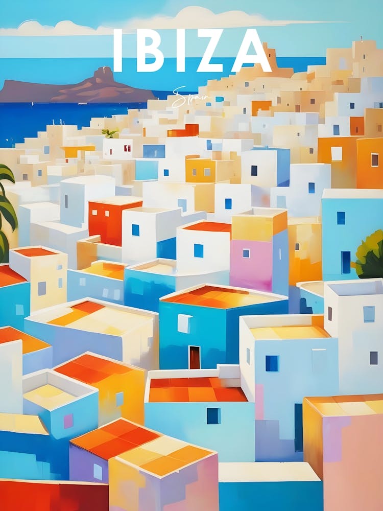 Ibiza City Travel Poster Cubism Style