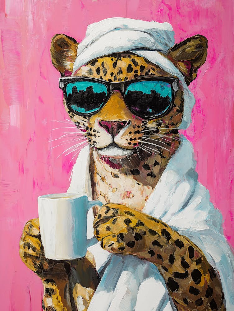 Leopard Drinking Coffee Maximalist Oil Painting