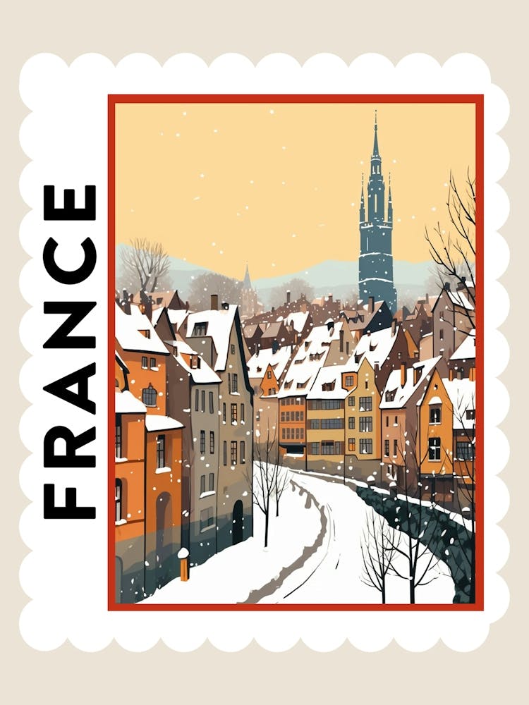 Retro Winter Briefmarkenposter Strasbourg Frankreich