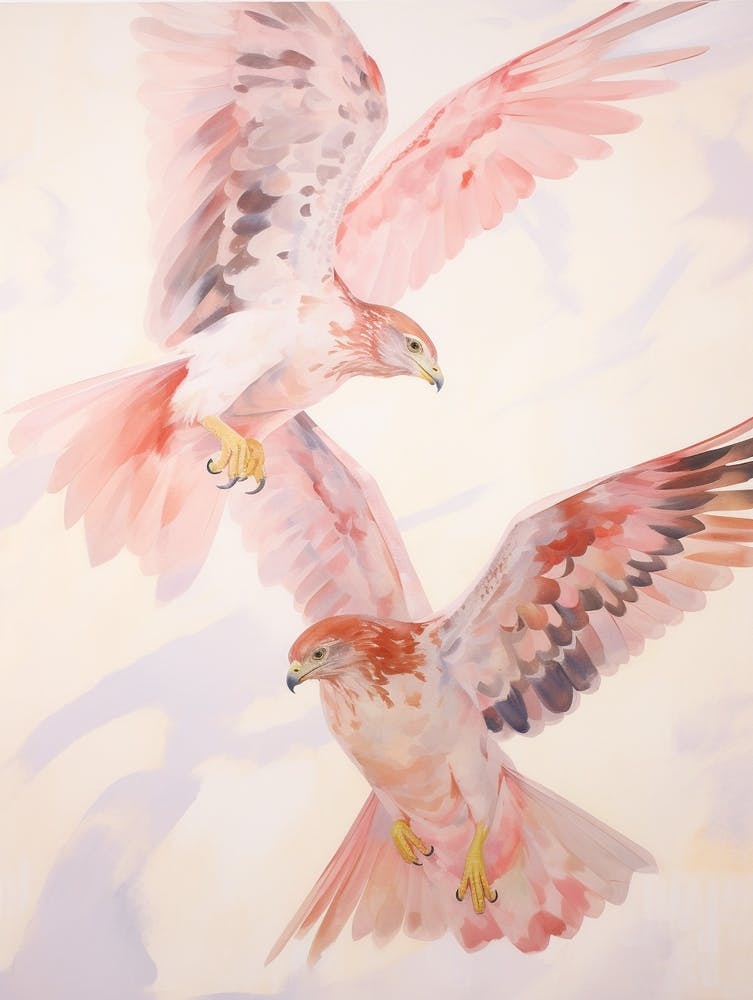 Pink Ethereal Bird Painting Red Tailed Hawk