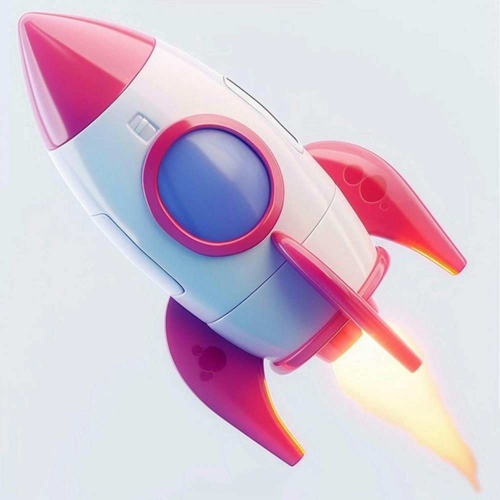 Red Rocket Icon, Bauhaus Style, Minimalist,Modeling Minimalism, Frosted Glass Texture, Cartoon, Cute, Smooth, Glossy, White And Blue, Gradient Colors, White Background, Highest Detail, Best Quality, Isometric View, High Definition, O