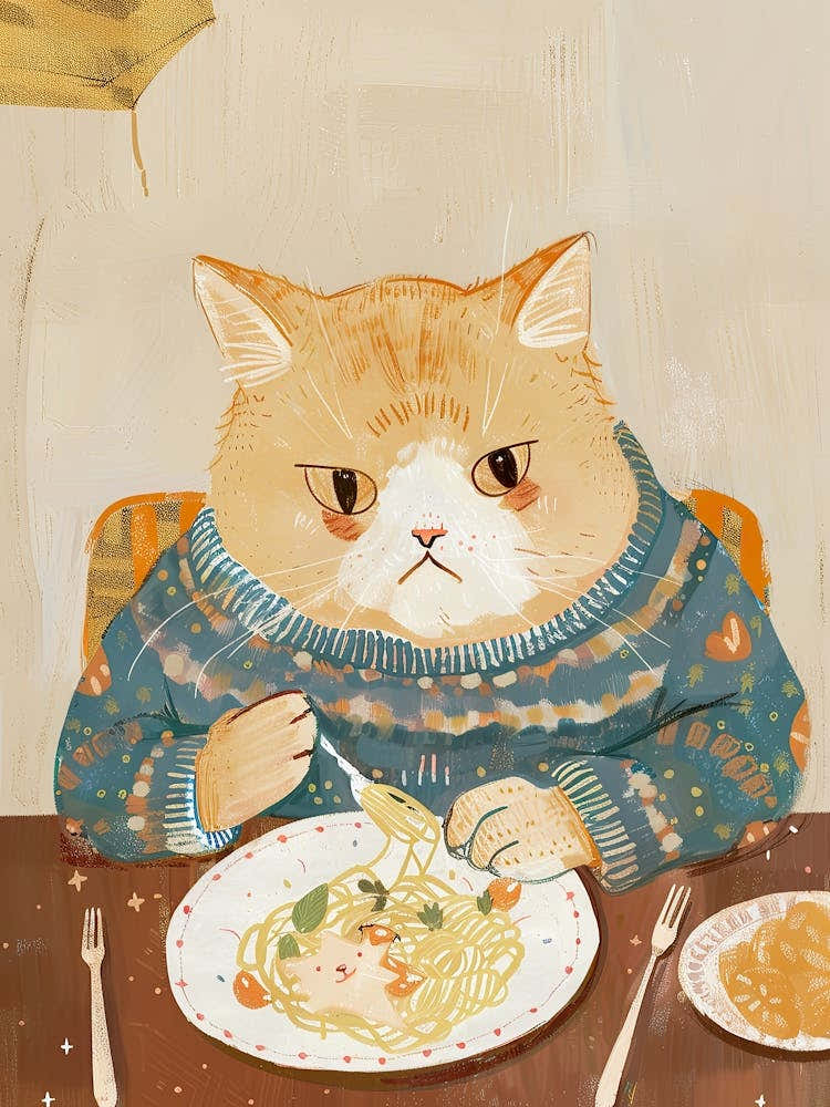 Cute Tan Cat Pasta Lover Folk Illustration 2