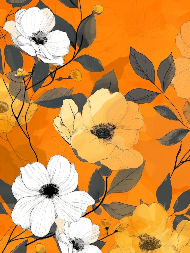 Floral Pattern On Orange Background