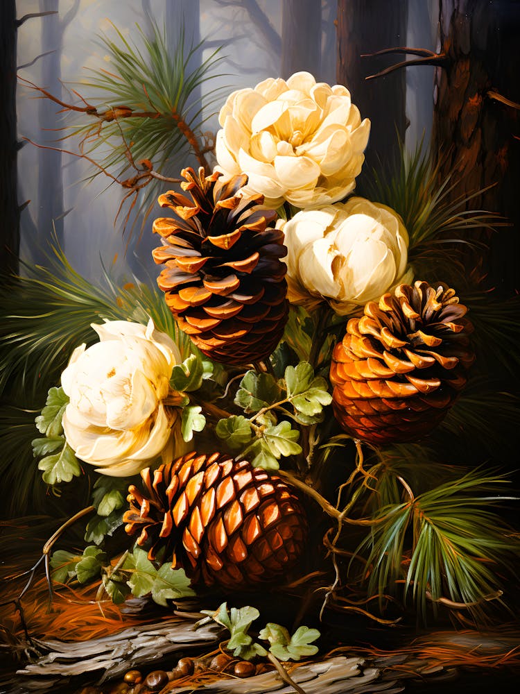 Rustic Nature Inspired Floral Print – Pine Cones & Wildflowers