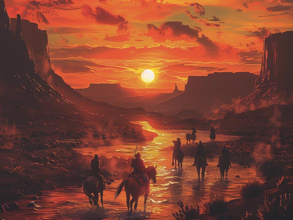 Western-Landschaftsgemälde, Pferde-Gemälde, Cowboy-Dekor, Geschenk für Naturliebhaber, Cowboy-Wandkunst, Country-Western-Kunst, Leinwanddruck