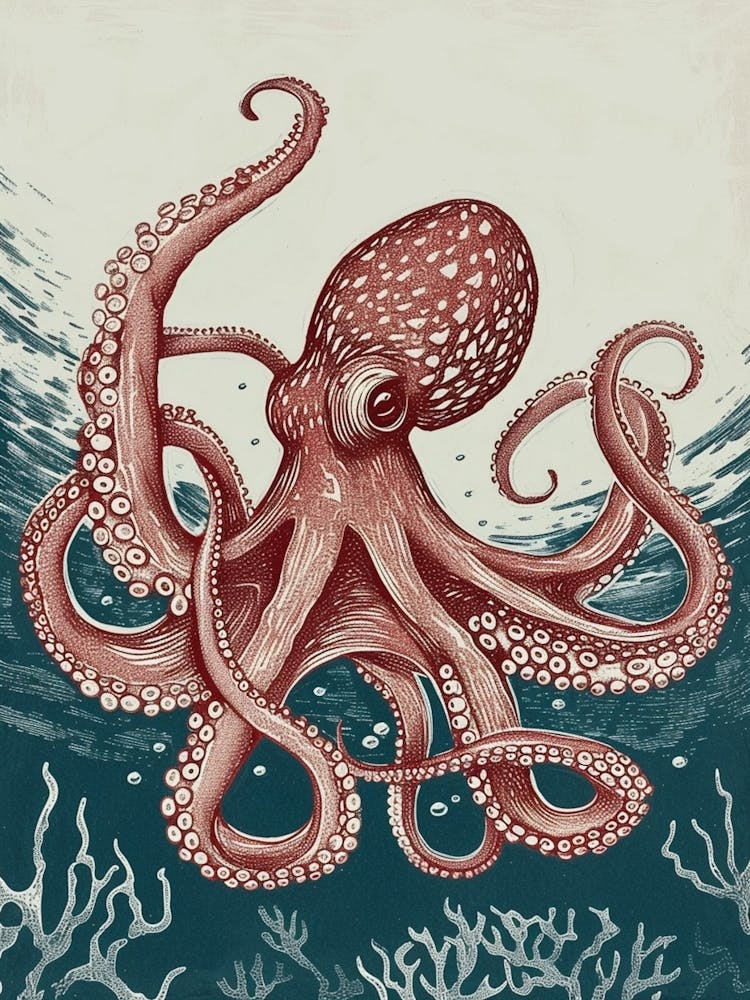 Red & Navy Octopus Linocut Inspired In The Ocean 4