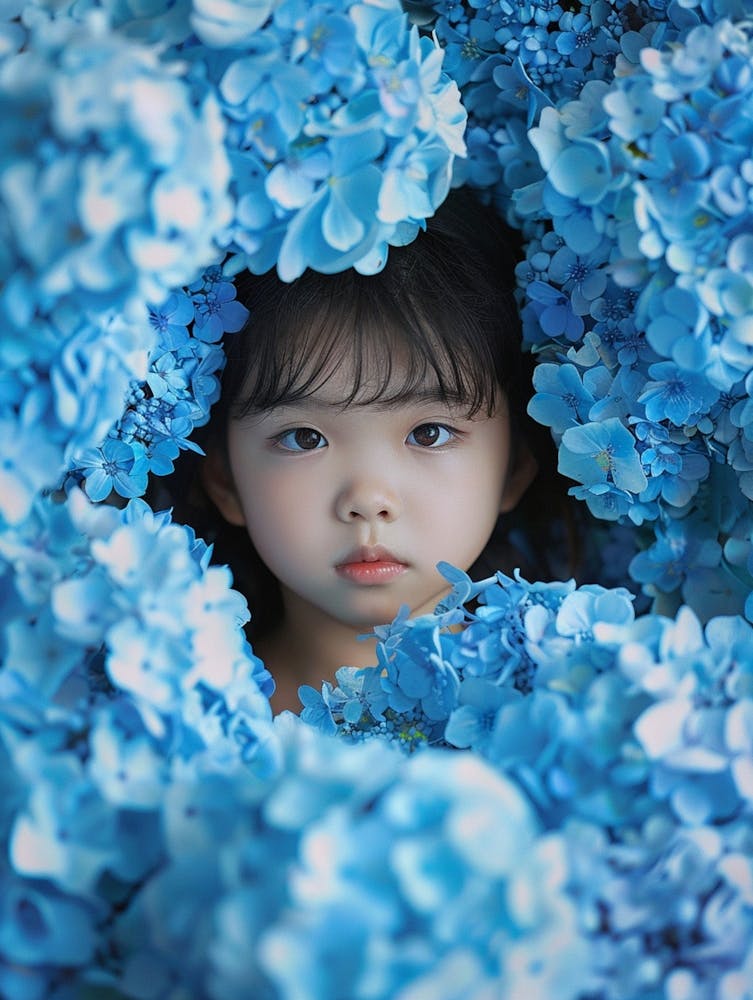 Portrait Of A Five Year Old Asian Girl Entering A Sea Of Blue Flowers
