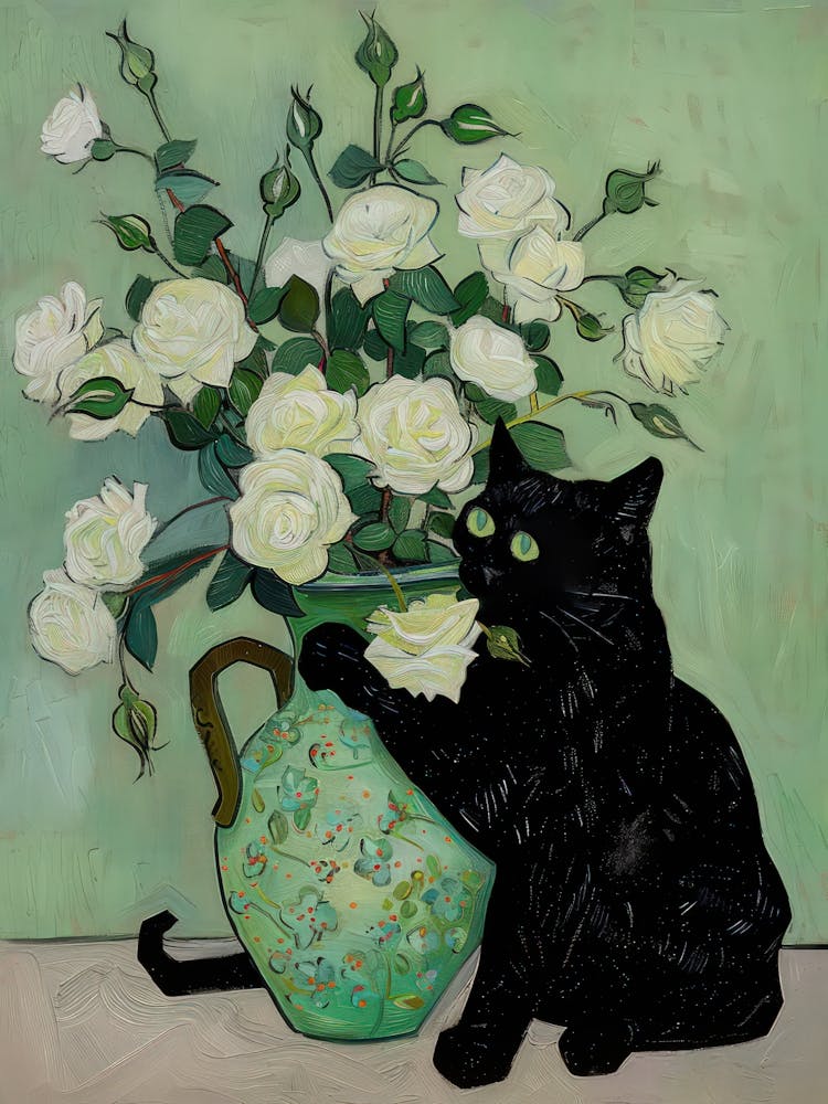 Black Cat Van Gogh Roses Still Life Funny