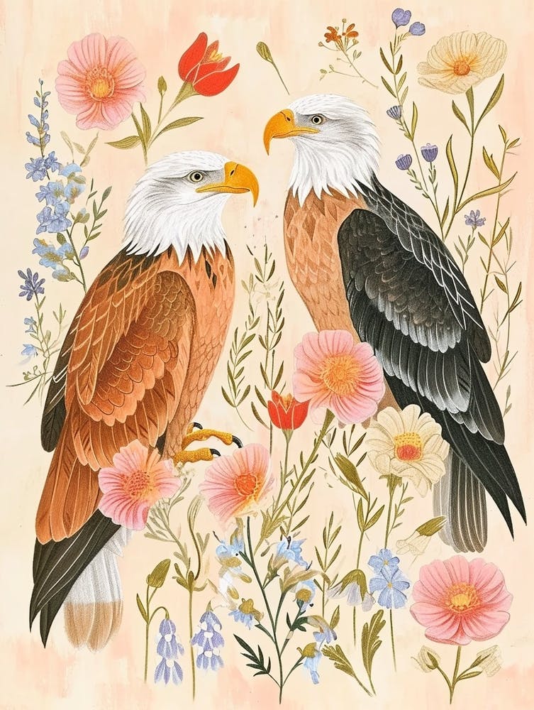Folksy Floral Animal Drawing Eagle
