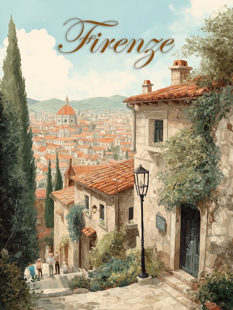 Vintage-Inspired Florence Poster – Watercolor Art of the Duomo & Historic Streets