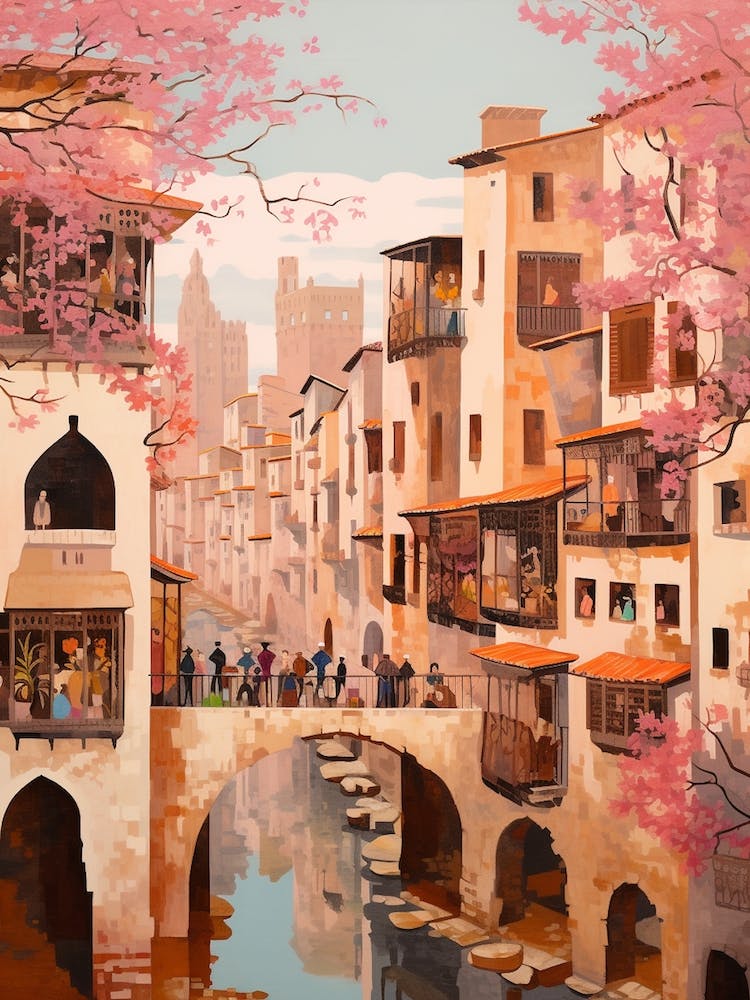 Valencia Spain 7 Vintage Pink Travel Illustration
