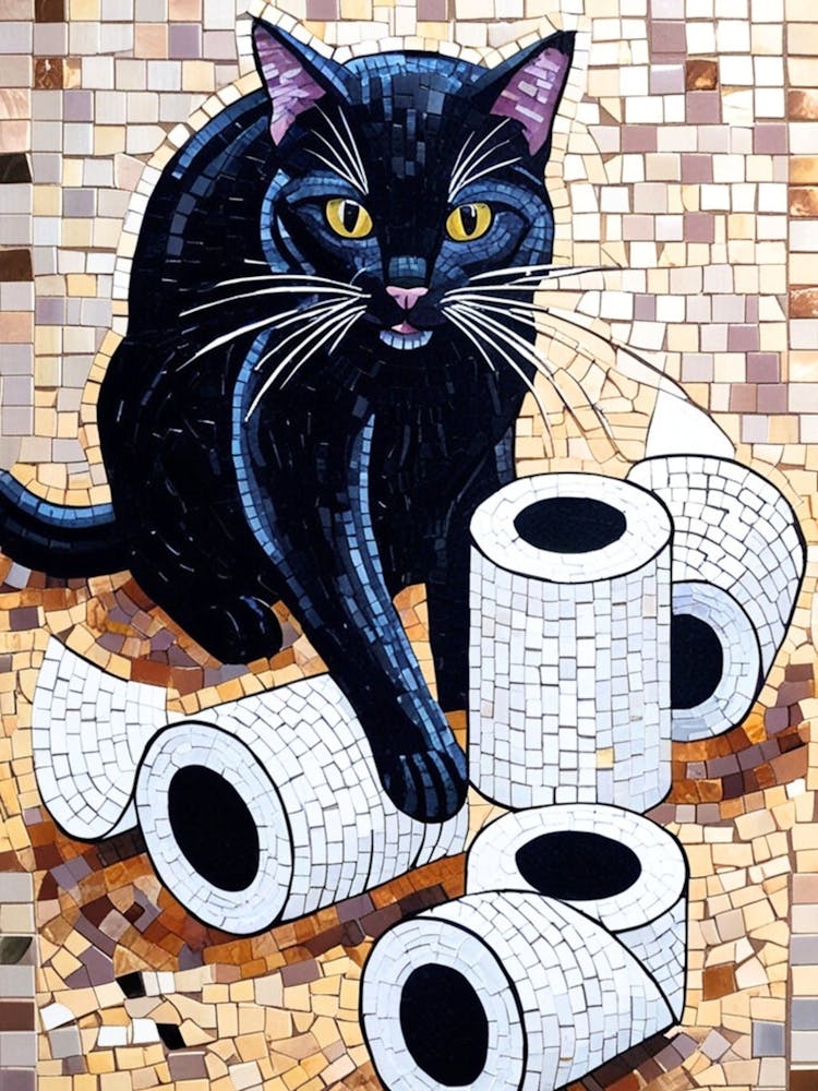 Black Cat With Rolls Of Toilet Paper