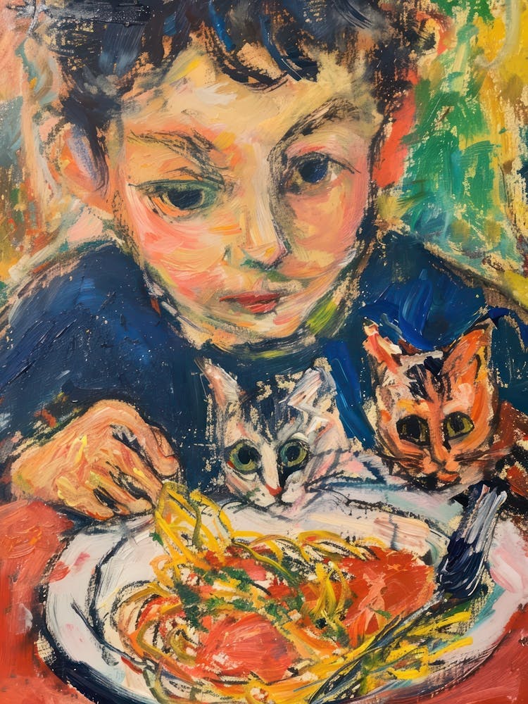 Portrait Of A Boy With Cats Having Pasta 2