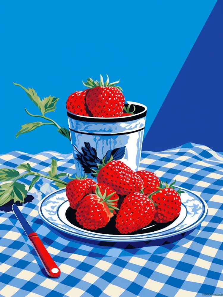 Strawberries Blue Checkerboard 2