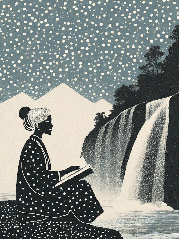 Woman Reading By A Waterfall