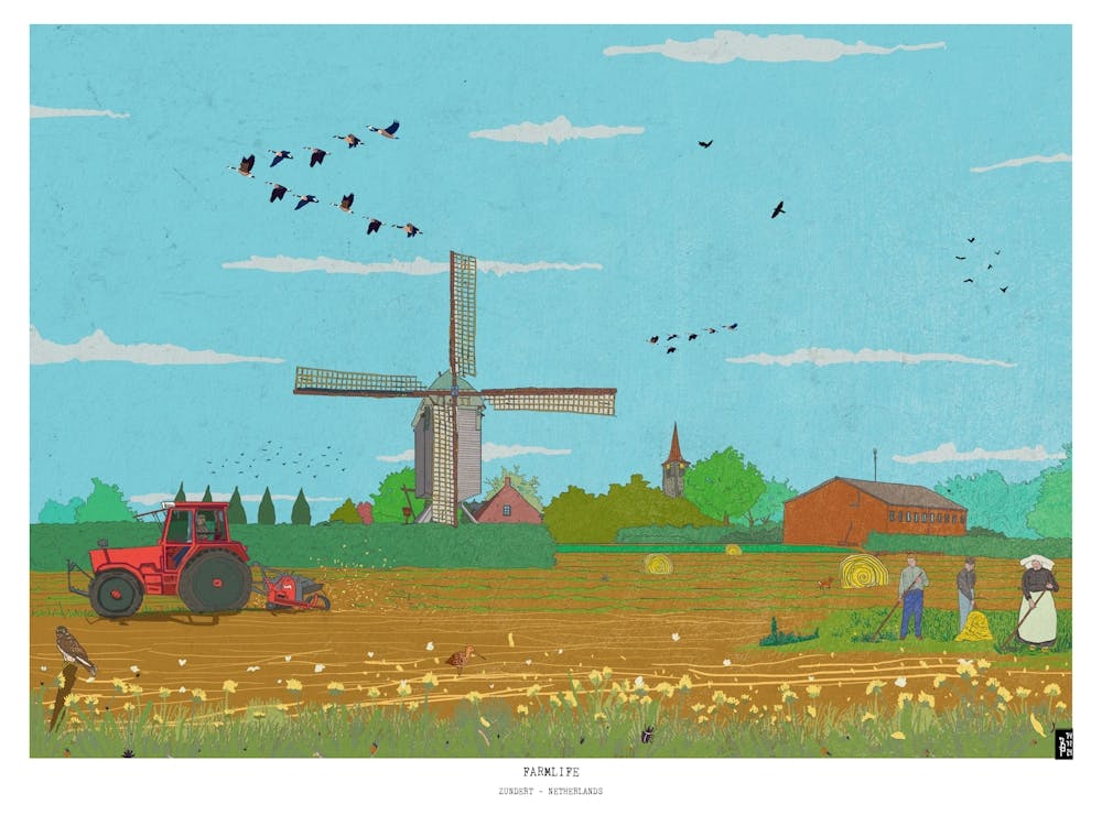 Farm Life Zundert - Dutch Countryside Windmill Landscape Art - Retro Inspired Illustration