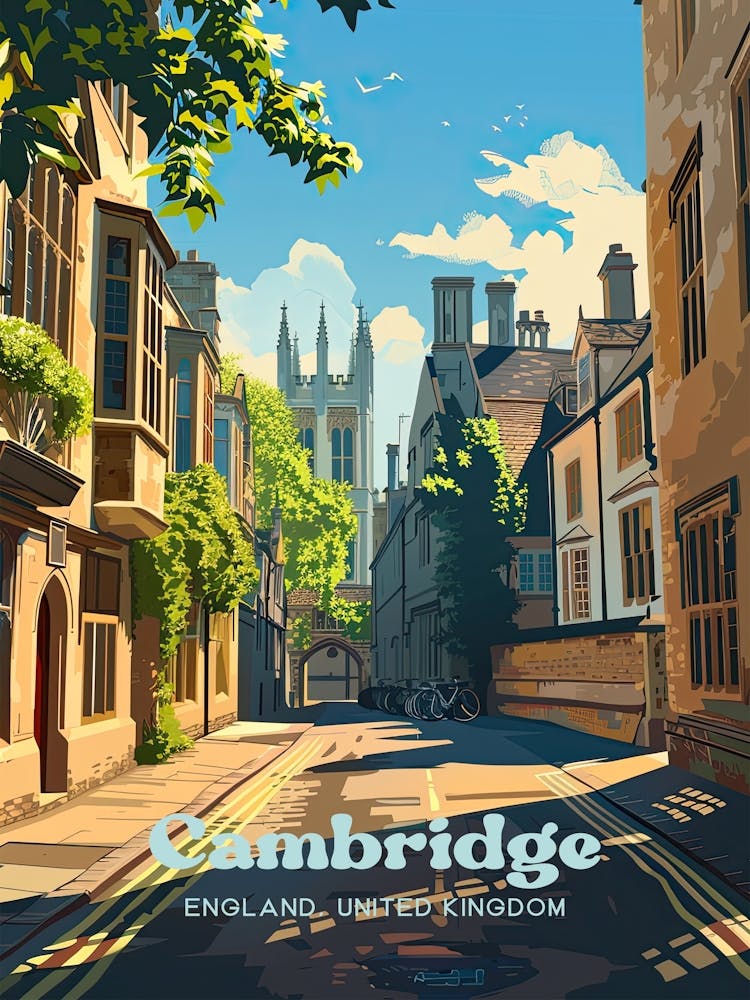Cambridge England Streetview Digital Travel Illustration