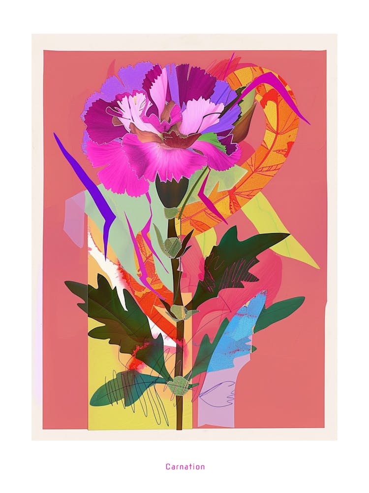 Carnation (Dianthus) 1 Neon Flower Collage Poster