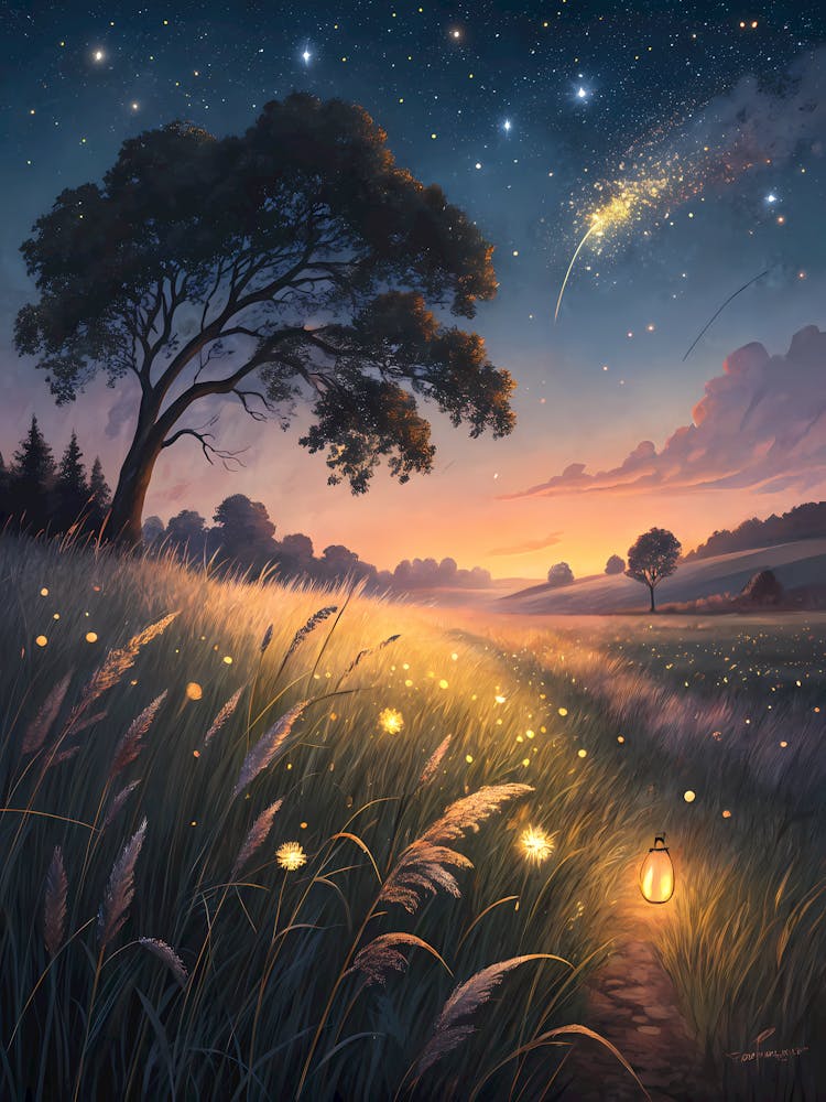 Evening Meadow with Glowing Fireflies Oil Painting Style