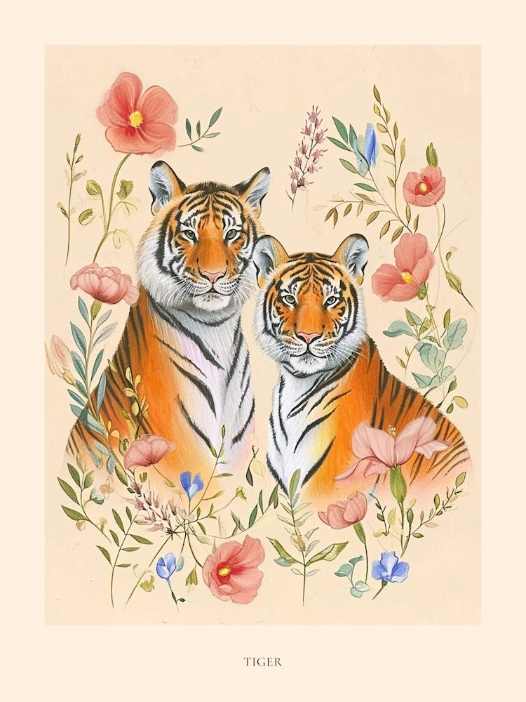 Folksy Floral Animal Drawing Tiger 6 Poster