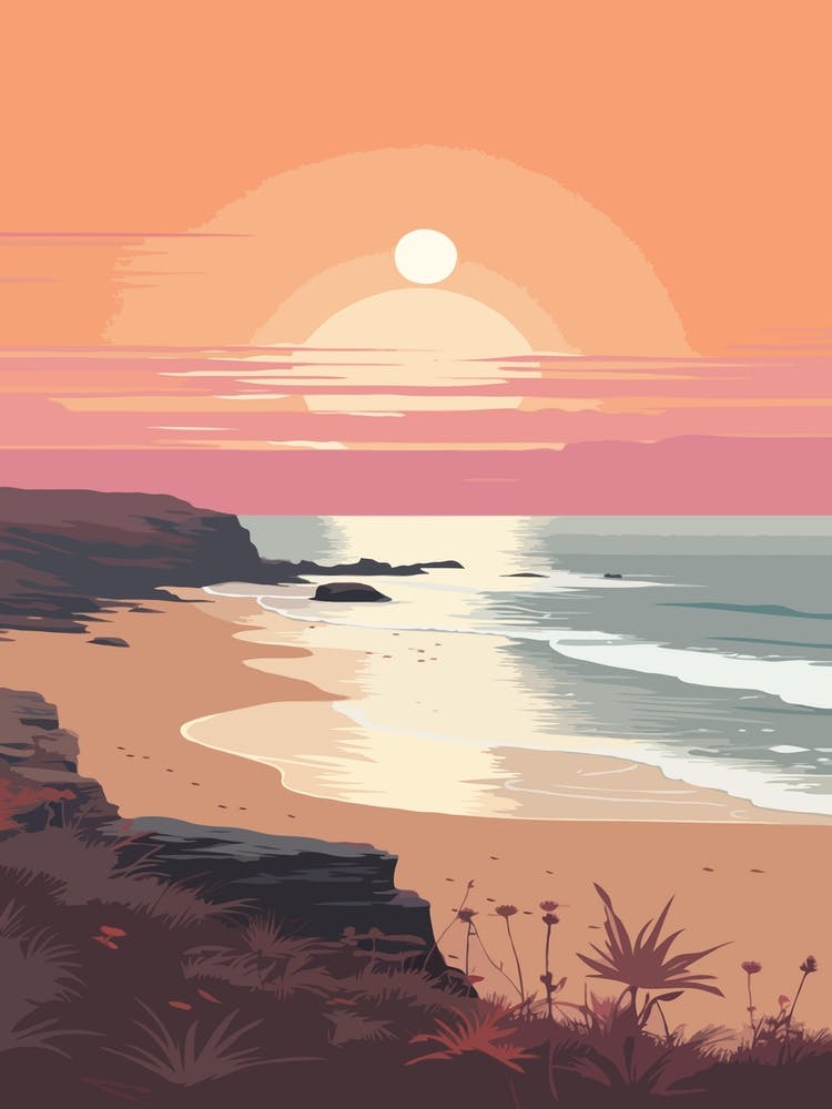 Illustration Of Gwithian Beach Cornwall In Pink Tones 4