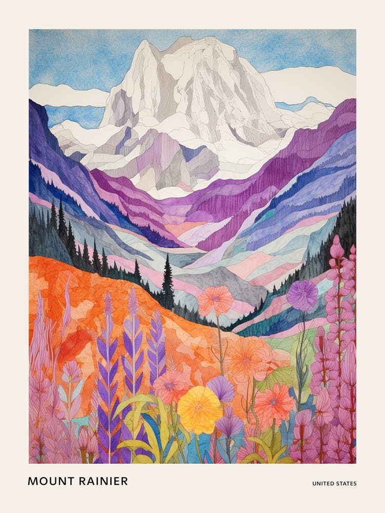 Mount Rainier United States 2 Colourful Mountain Illustration Poster