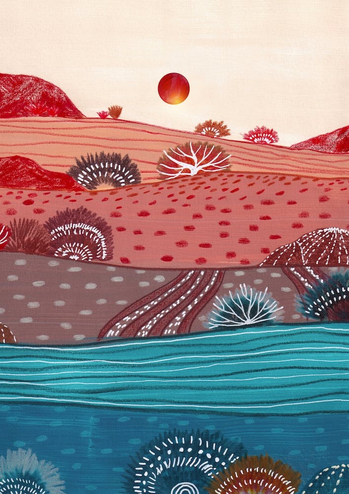 Boho Hills And Red Sun