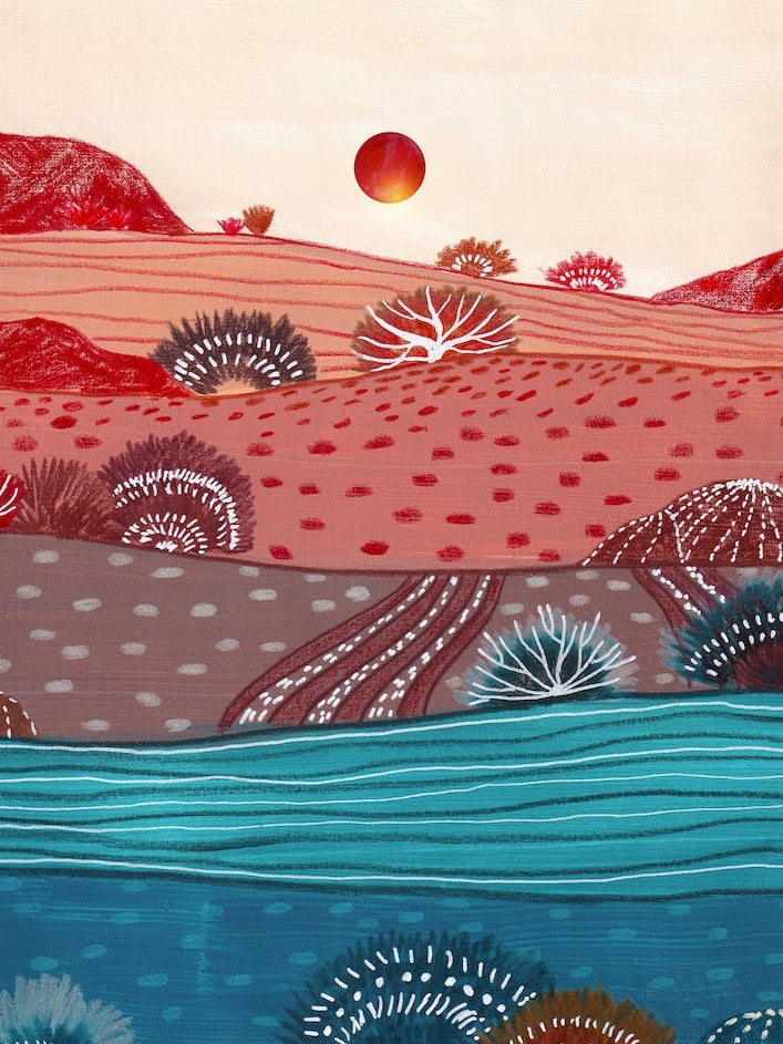 Boho Hills And Red Sun