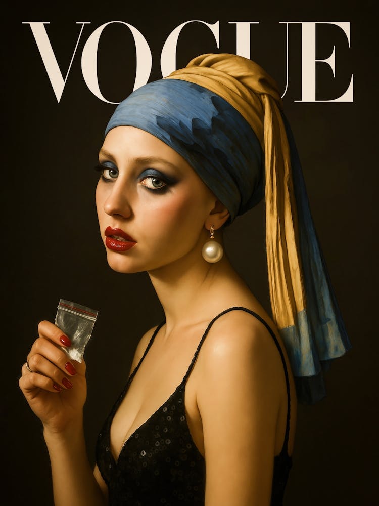 Vogue Girl with a Pearl Earring – Modern Art Satire Poster: Vermeer’s classic meets modern excess – this pop art portrait turns the girl with a pearl earring into a party girl. Blending fashion, satire, makeup, and subtle nods to cocaine culture, it’s a bold mix of classic art, modern rebellion, and iconic style.