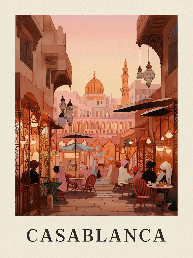 Casablanca Morocco 4 Vintage Pink Travel Illustration Poster