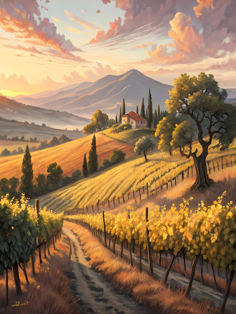 Friedliche Goldene Weinberglandschaft Ölgemälde