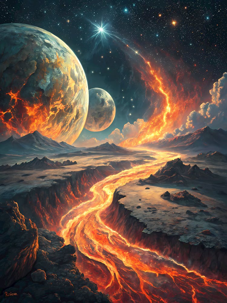 Glowin Alien Planet Surface Landscape Oil Painting
