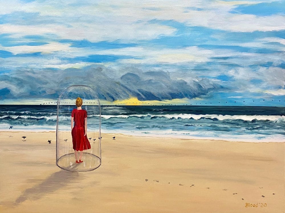 Covid Beach Woman Under A Bell Jar
