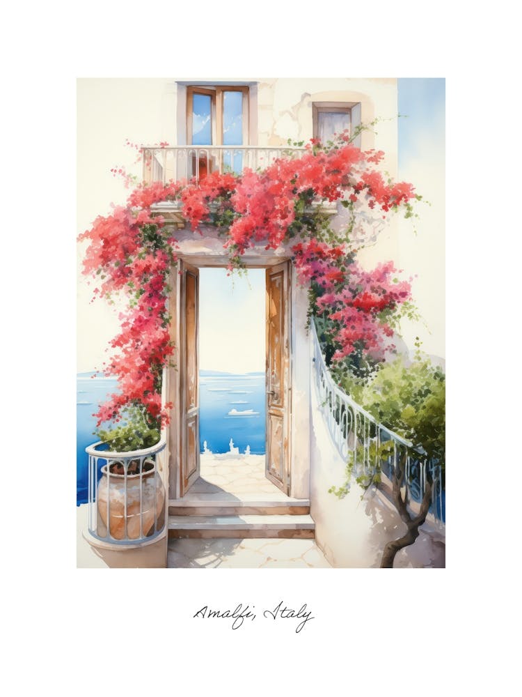 Amalfi, Italy   Mediterranean Doors Watercolour Painting 11 Poster