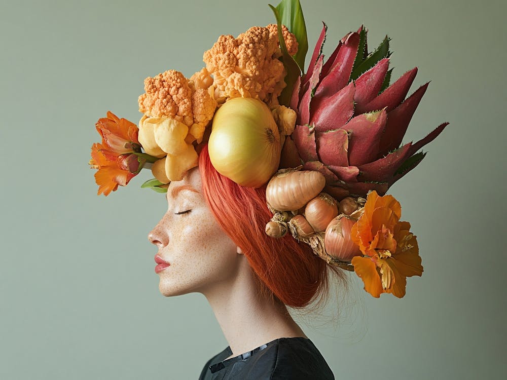 Portrait Of A Woman With A Head Full Of Vegetables