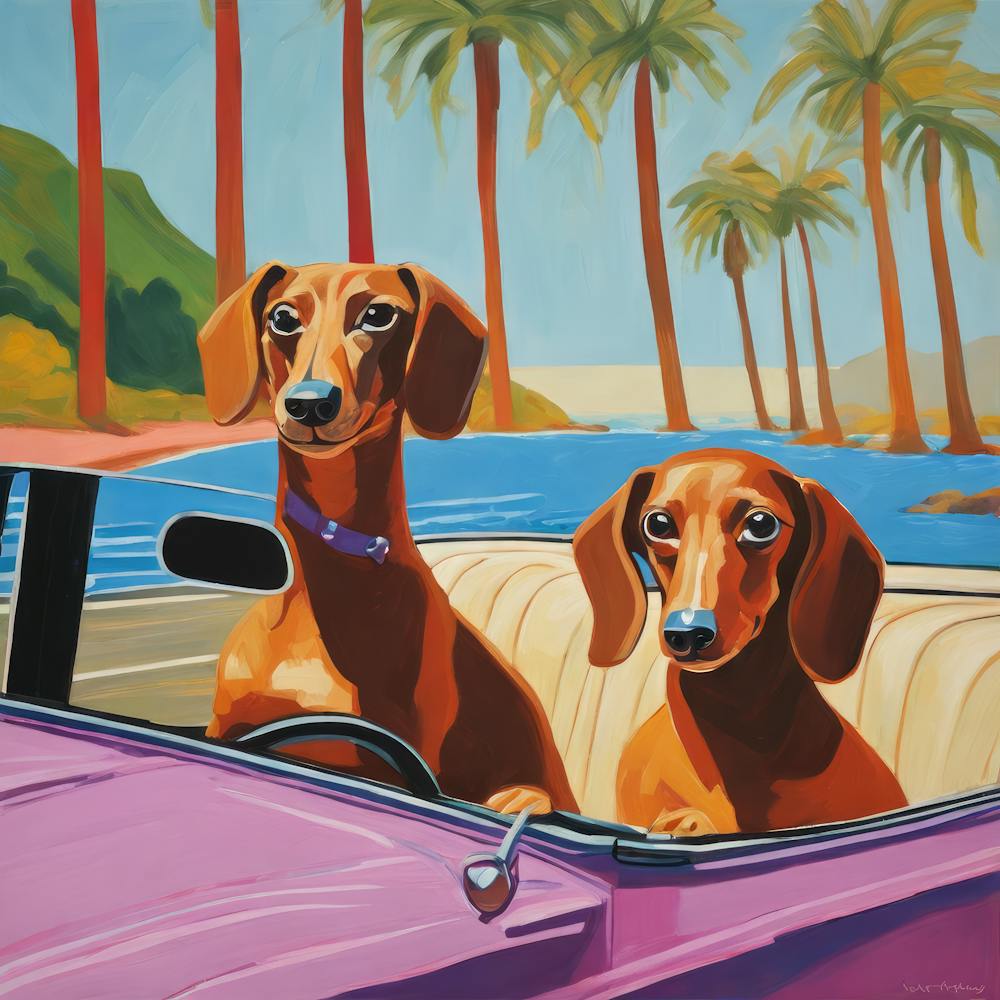 Dackel-Hunde in Cabrio-Serie. Stil von David Hockney 4