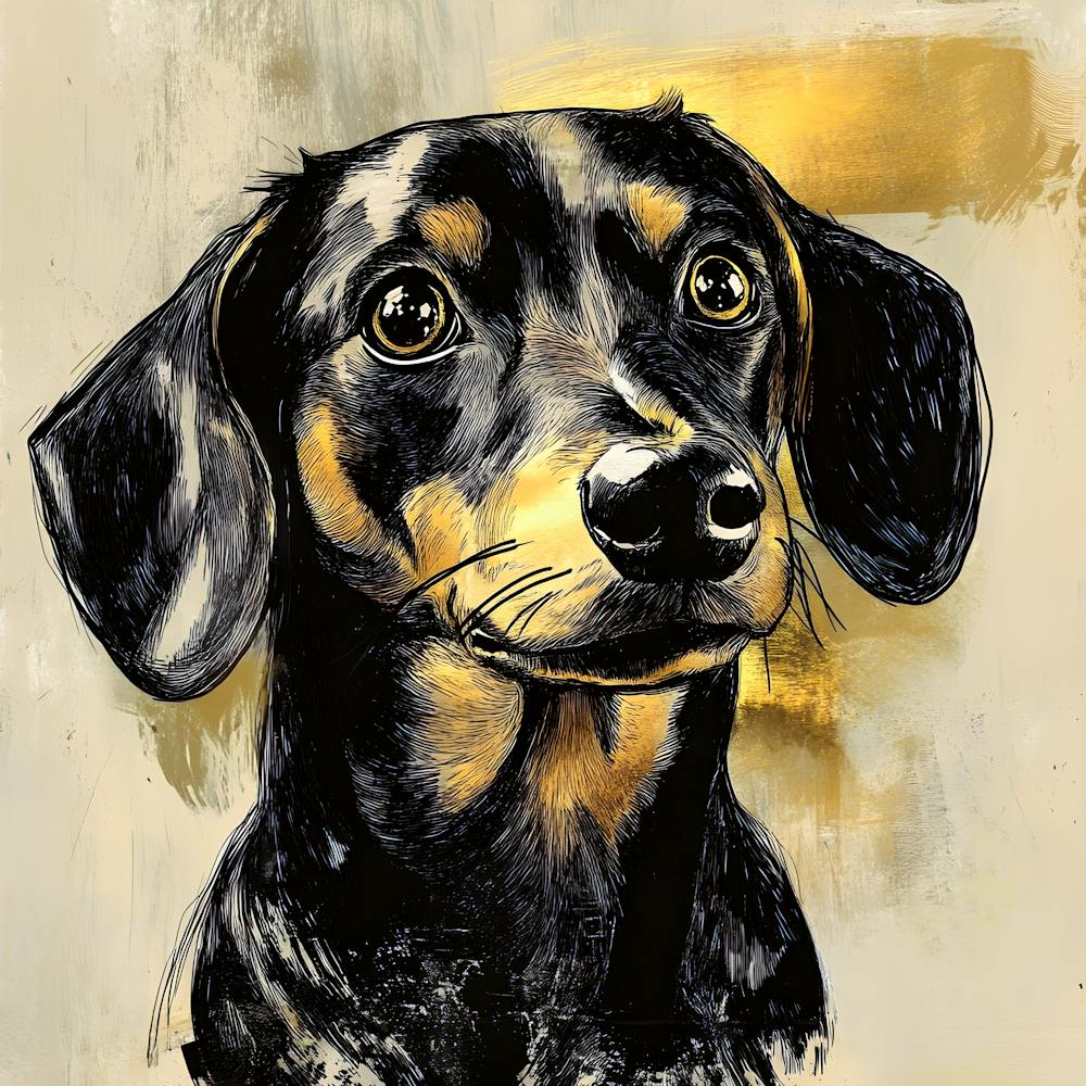 Art Mural Teckel Vintage Portrait de Teckel en Or et Noir Cadeau Rustique pour Amoureux des Chiens Portrait d'Animal Moderne Œuvre d'Art Chien Saucisse