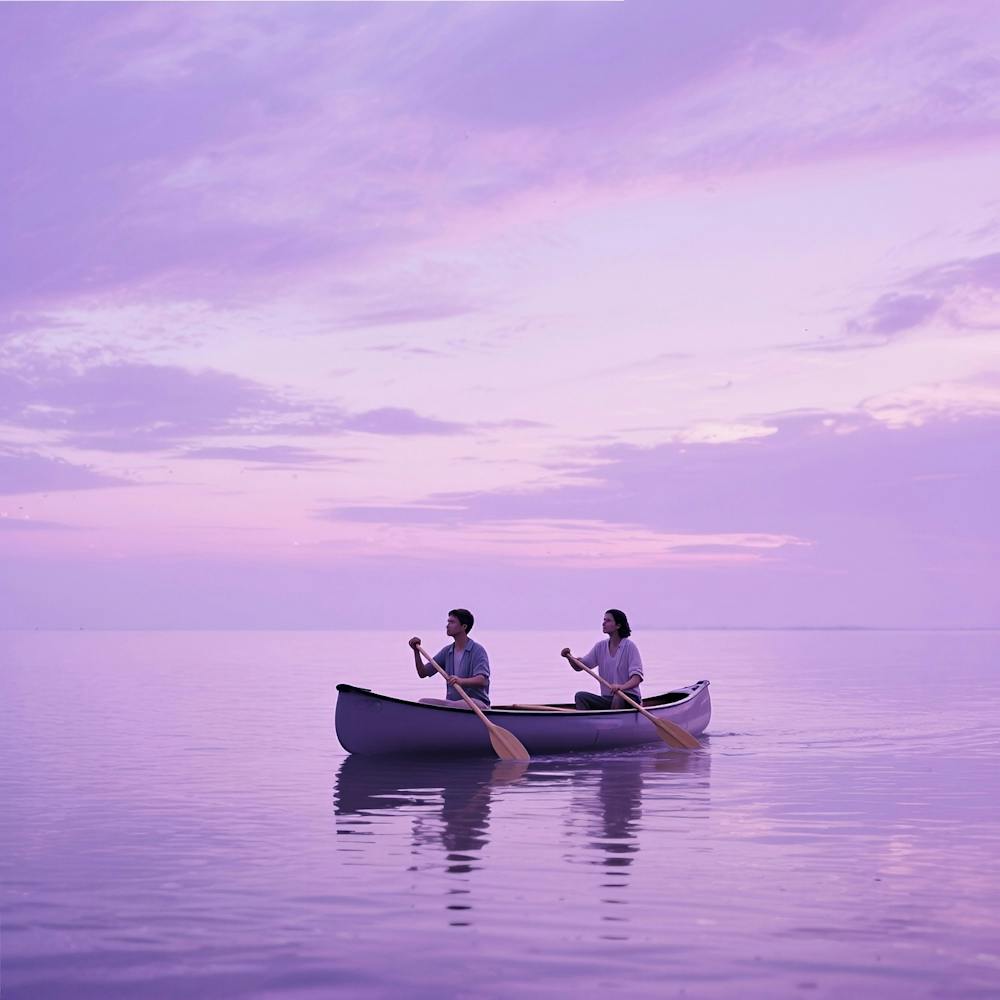 Couple In Canoe At Sunset