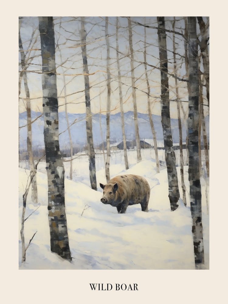 Vintage Winter Tier-Gemälde Poster Wildschwein 3