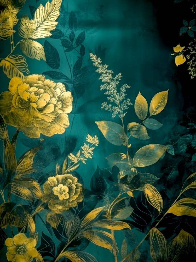 Gold And Teal Floral Painting nature flower