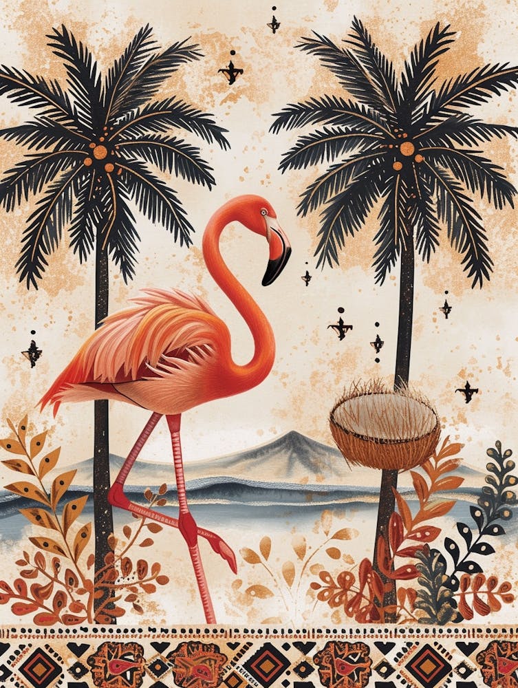 Greater Flamingo And Coconut Trees Boho Print 1
